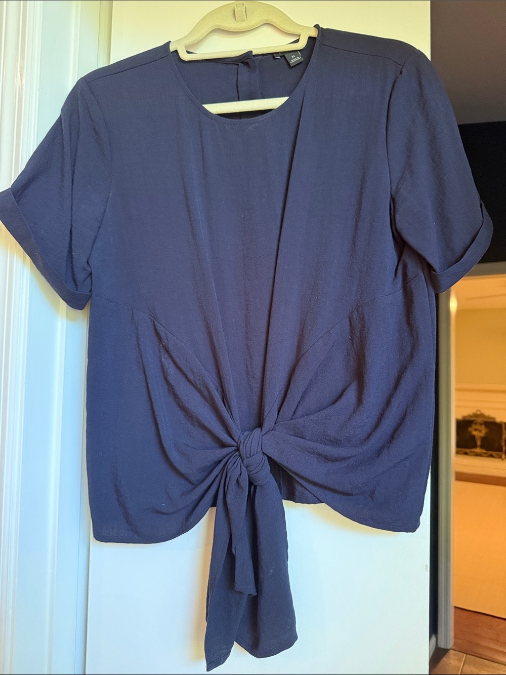 Navy Twist-Front Short Sleeve Blouse